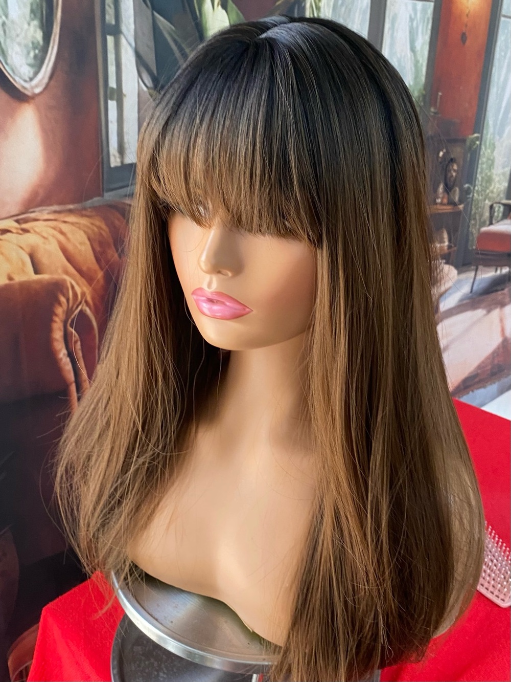 NEW STOCK luxury realistic Brown Long brunette rooted Wig with Bangs